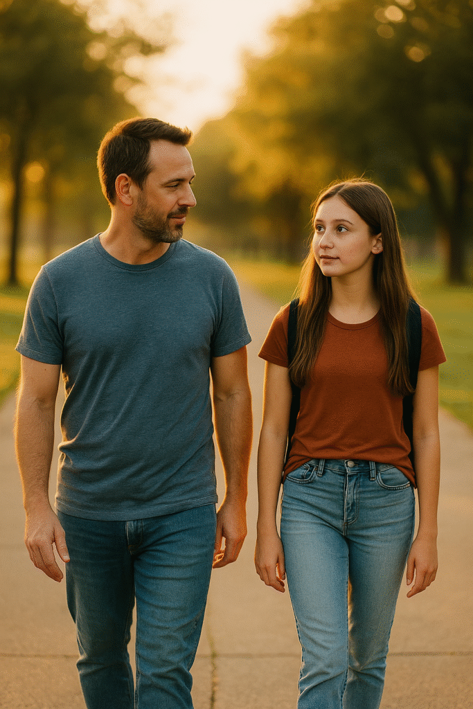 Parent and teen walking side by side outdoors, symbolizing guidance and independence.