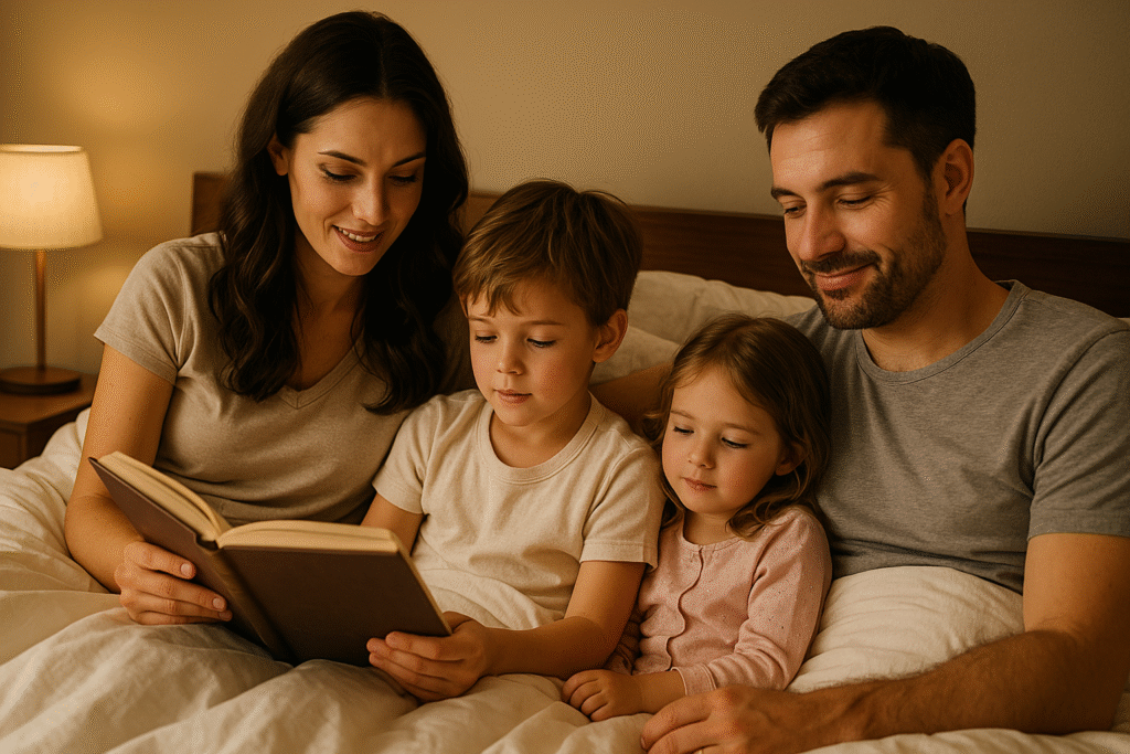 Parent reading a bedtime story to two children in pajamas, showing consistent bedtime routines.