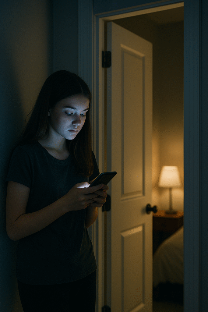 Teenager standing in a dim hallway at night, face lit by phone screen, with warm bedroom light in the background.