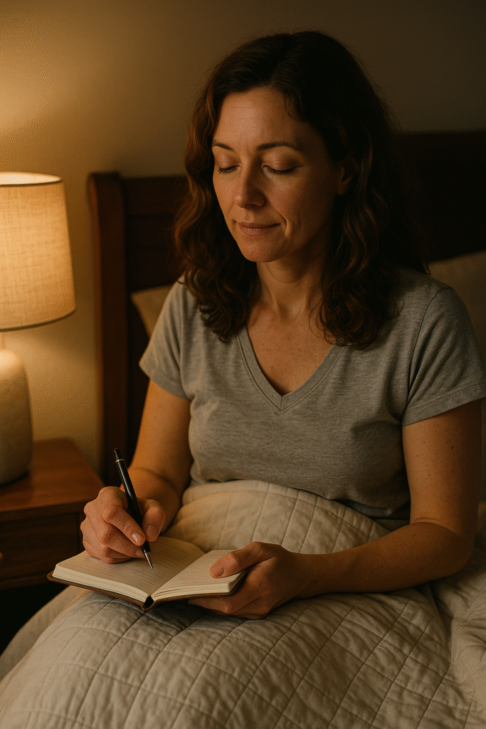 Parent sitting in bed journaling under soft lamp light, modeling a healthy pre-sleep routine.