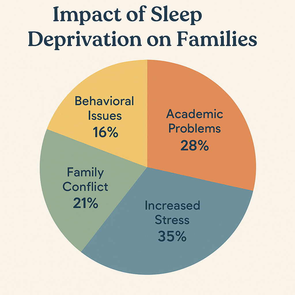 Pie chart showing effects of sleep deprivation on families: 35% stress, 28% academic problems, 21% family conflict, 16% behavioral issues.