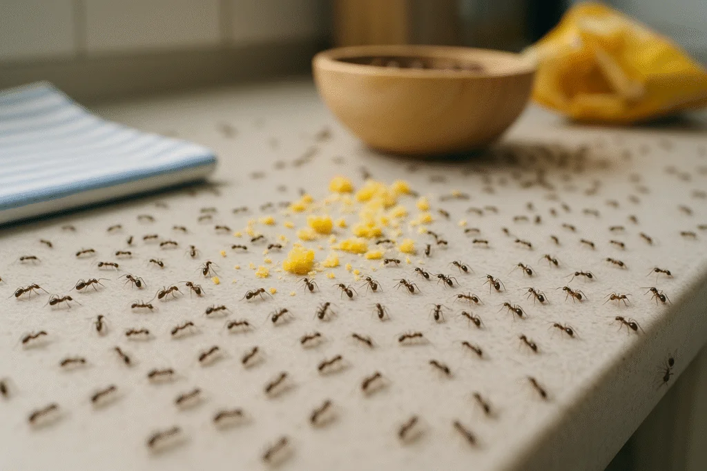 Ants swarming across a kitchen counter toward spilled food crumbs.