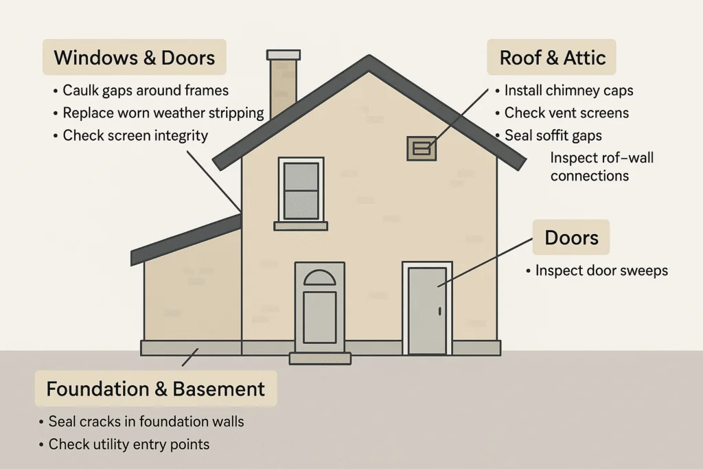 Diagram of a house showing pest entry points at windows, doors, foundation, roof, and attic.