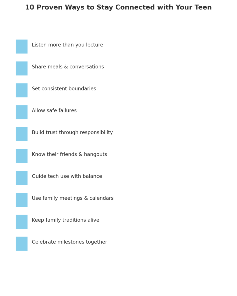 Infographic checklist of 10 proven ways to stay connected during teen independence.