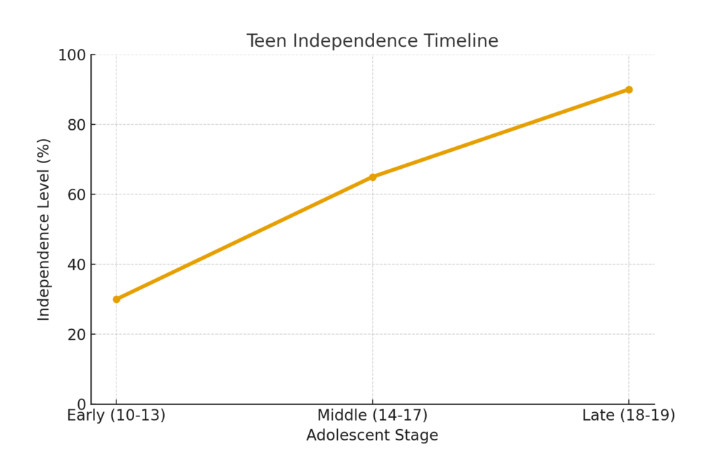 Chart showing stages of teen independence from ages 13 to 19, including emotional, social, and financial growth.