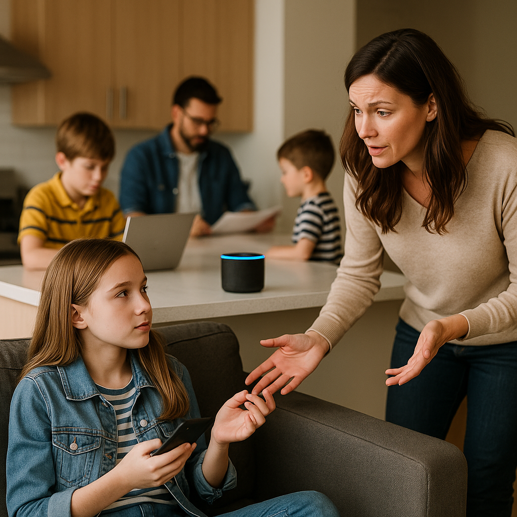Family in a modern home, with mother talking to teenage daughter holding a phone, younger kids nearby, and a smart speaker on the counter—illustrating family chaos and technology in daily parenting.
