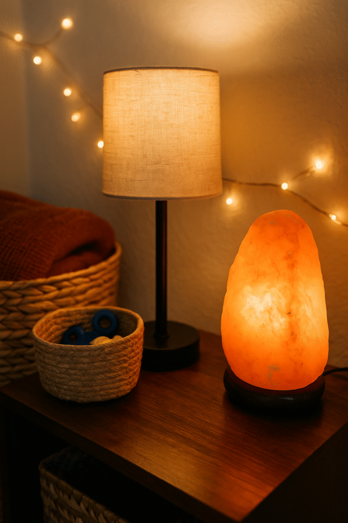 Close-up of warm ambient lighting with a Himalayan salt lamp glowing on a wooden table, a small fabric-shaded lamp, string lights on the wall, and woven baskets for storage—illustrating budget-friendly lighting for a family wellness room.