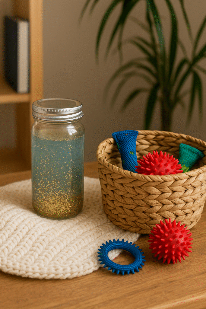 DIY meditation glitter jar and woven basket filled with sensory toys, stress balls, and fidgets—illustrating calming tools for kids in a family wellness room.