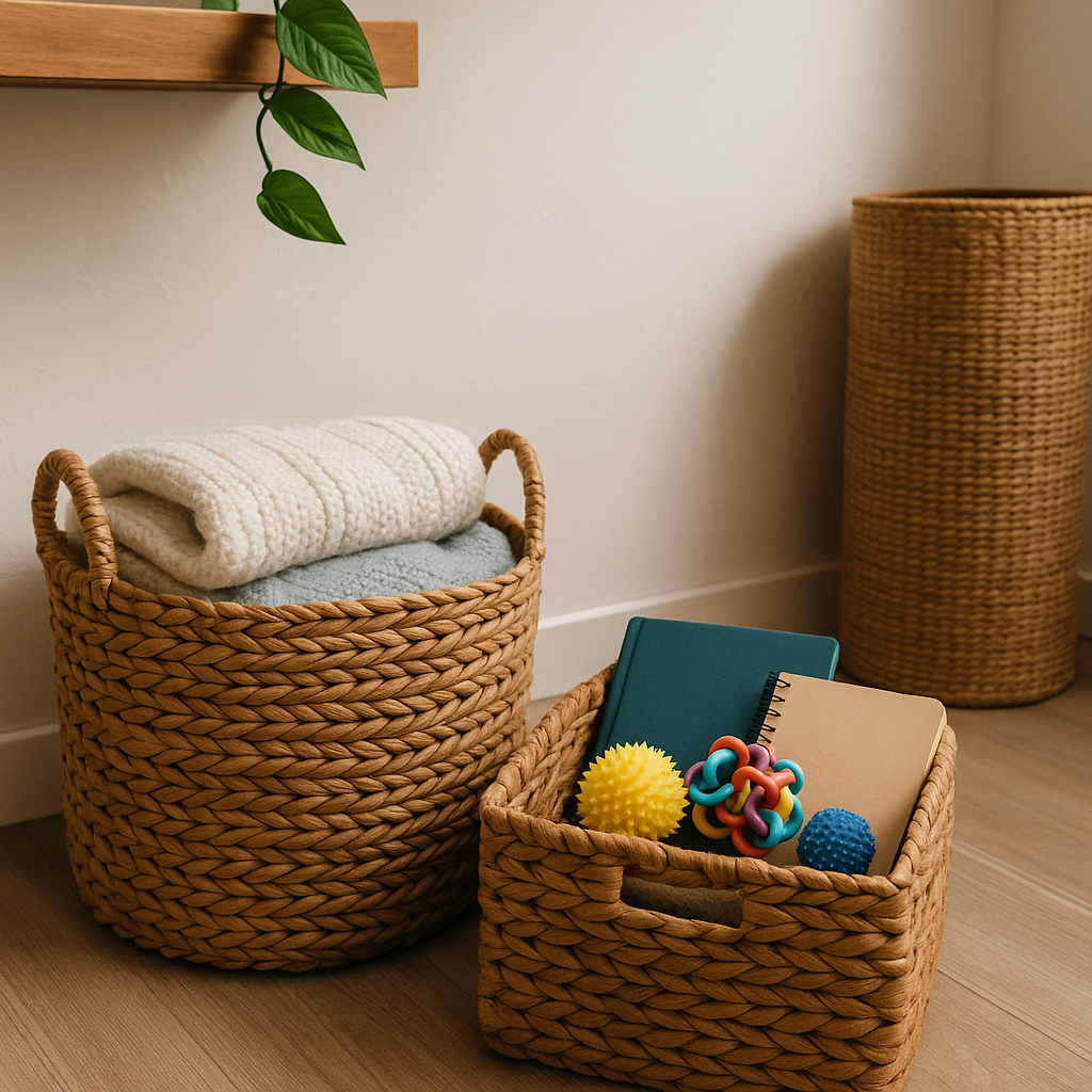 Woven baskets neatly holding blankets, journals, and fidget toys in a family wellness space—illustrating budget-friendly storage that keeps the calm corner clutter-free.