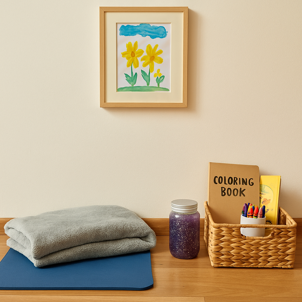 Family wellness corner detail with framed child’s drawing of flowers, folded blanket on yoga mat, glitter meditation jar, and woven basket holding a coloring book and crayons—illustrating meaningful, low-cost DIY décor.