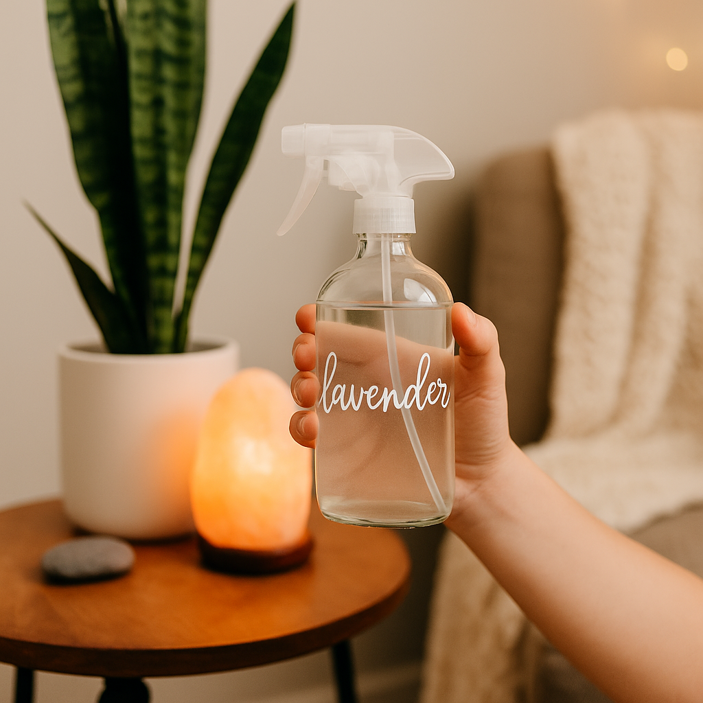 Hand holding a clear spray bottle labeled “lavender” beside a salt lamp and potted plant on a wooden table—illustrating affordable DIY aromatherapy for a family wellness room.