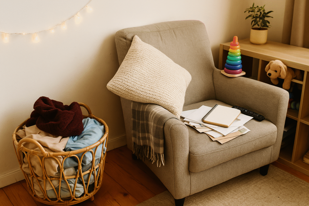 Cluttered family corner with overflowing laundry basket, scattered mail, toys, and random household items—illustrating how a wellness room can lose its calming purpose if not maintained.