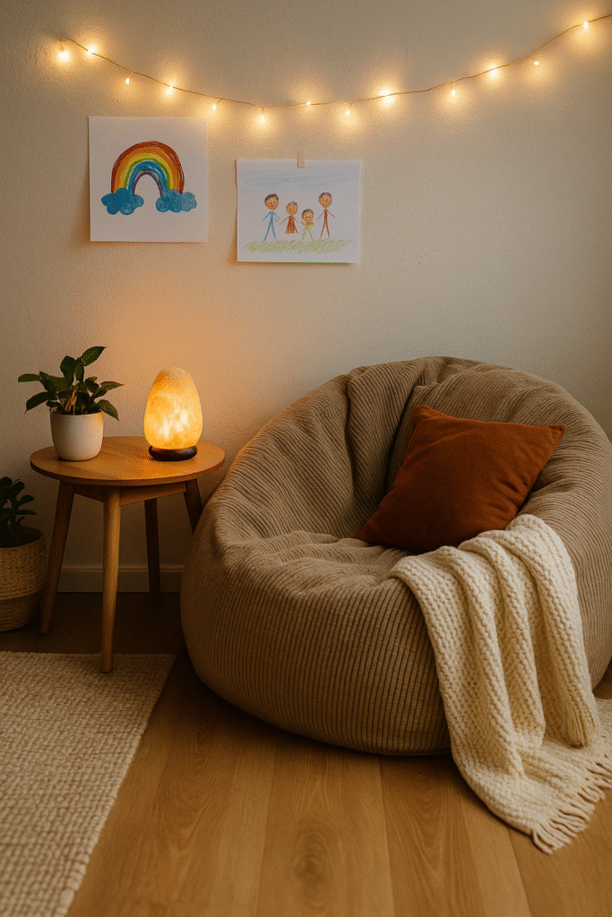 Cozy family wellness corner with beanbag, glowing salt lamp, small potted plant, and children’s artwork on the wall with fairy lights—illustrating an imperfect but functional space often taken over by the family dog.