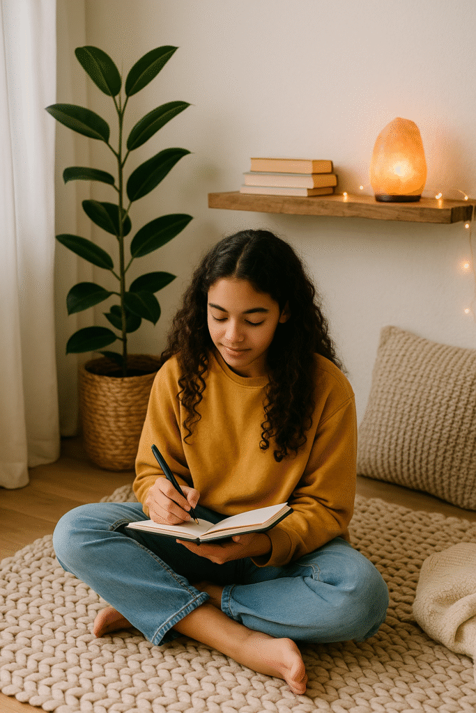 Teenage girl sitting cross-legged on a rug, journaling in a notebook beside a salt lamp, books, and plant—illustrating calming, age-appropriate use of a family wellness room.