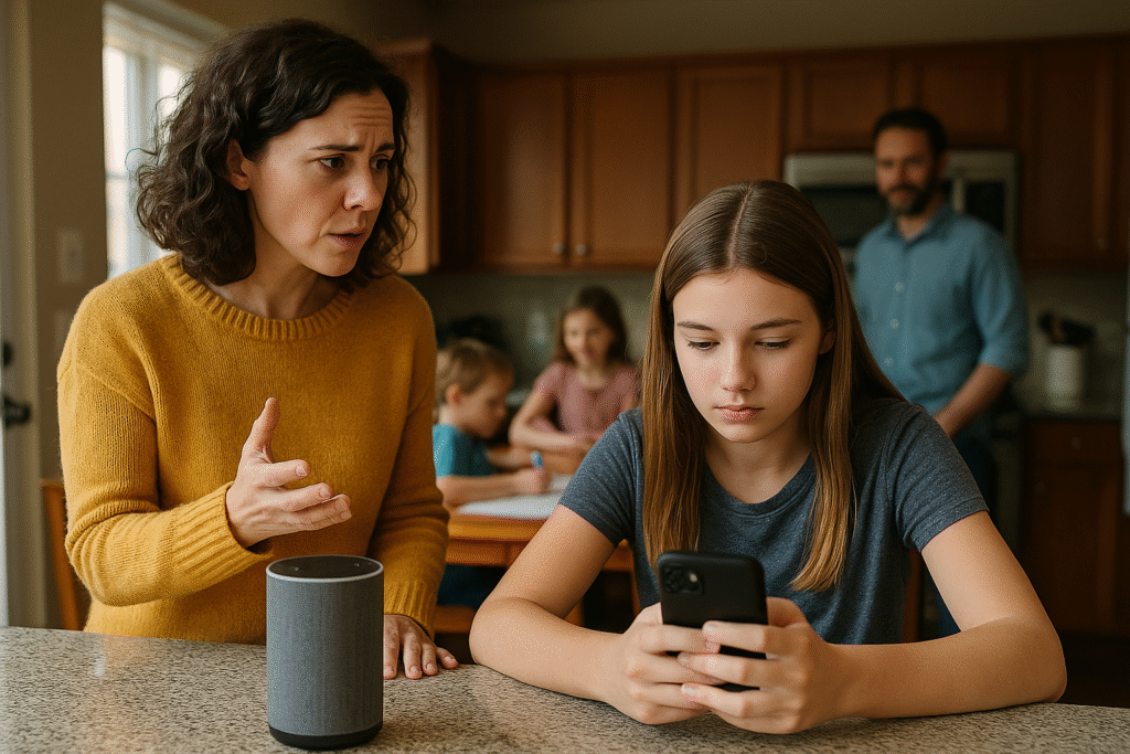 Mother in mustard sweater talking to teenage daughter focused on her phone, with a smart speaker on the counter and family members in the background—illustrating digital parenting in everyday life.