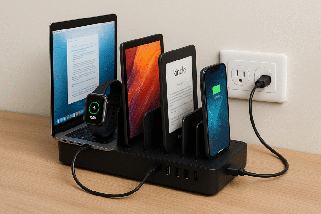 Family charging station with laptop, smartphone, Kindle, tablet, and smartwatch neatly organized in a black multi-slot dock on a wooden countertop, plugged into a wall outlet.