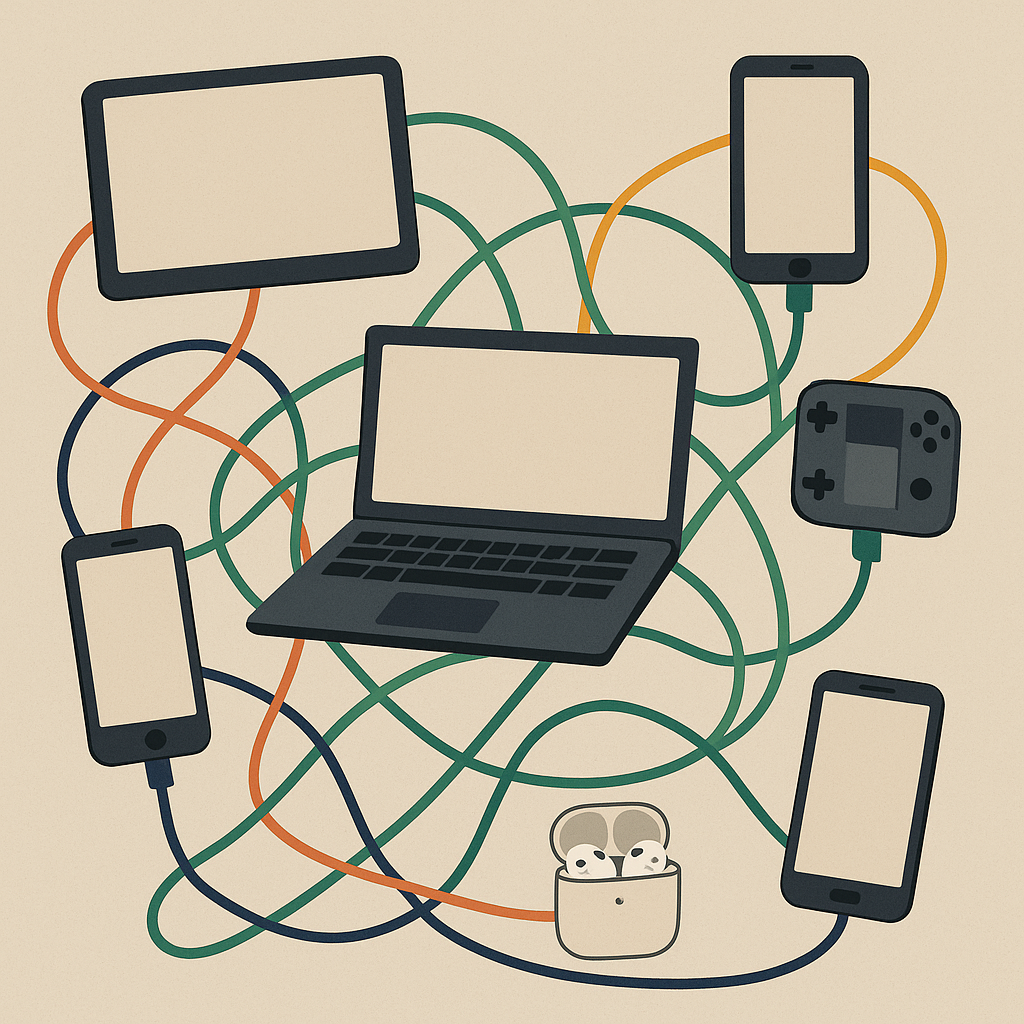 Illustration of multiple family devices tangled in colorful cords including phones, a laptop, a tablet, game controller, and wireless earbuds — representing charging chaos in large households.