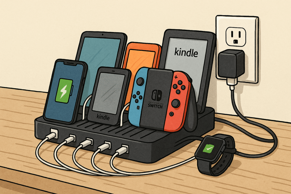 Illustration of a multi-device countertop charging dock holding six devices — smartphones, tablets, Kindles, and a Nintendo Switch — with tidy cables plugged into a wall outlet on a wooden counter.