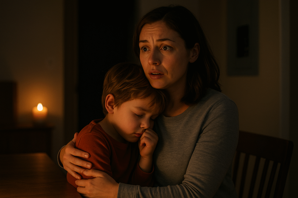 Photo of a mother comforting her child during a power outage, lit by candlelight, representing calm preparedness in an emergency.
