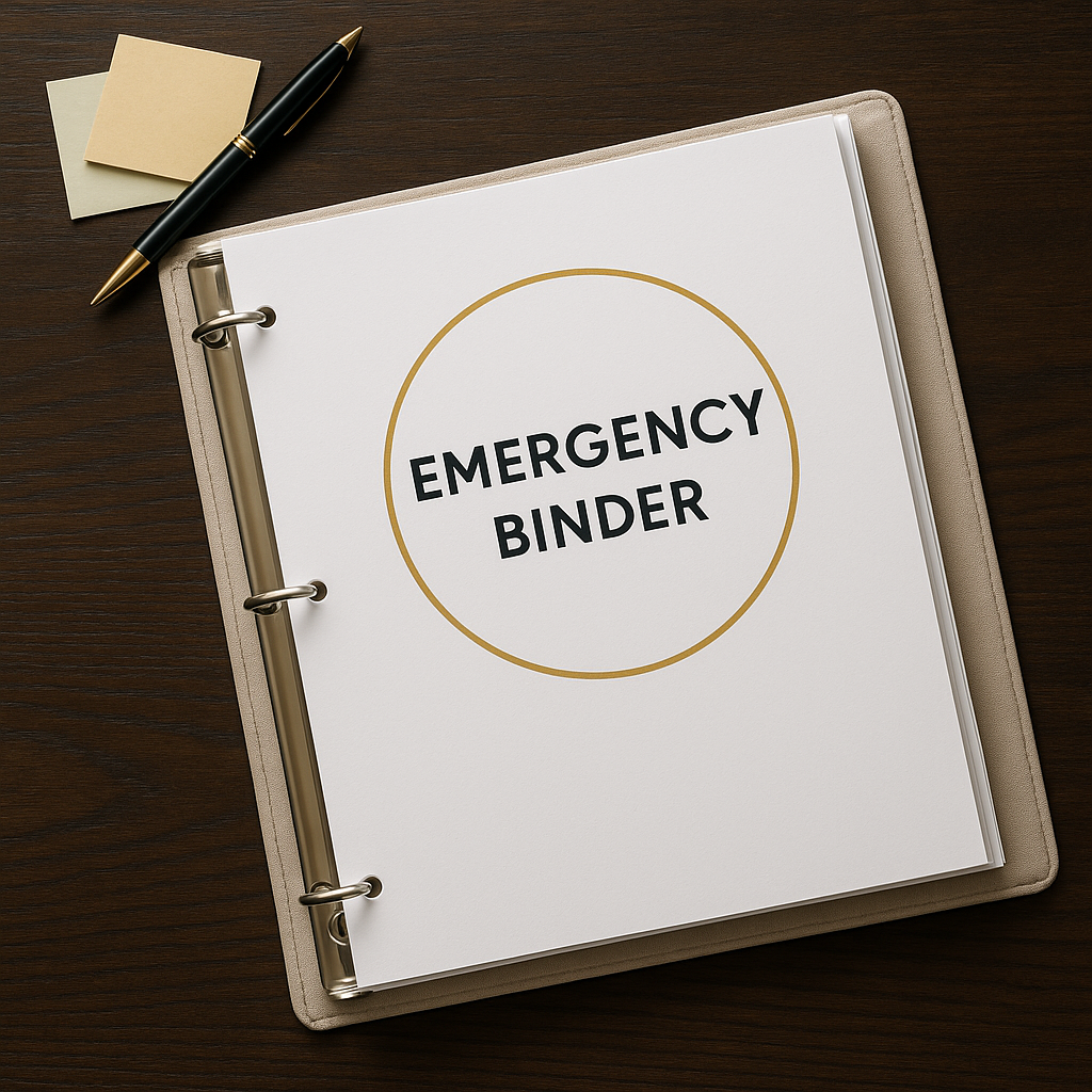 Photo of a three-ring emergency binder with labeled cover, pen, and sticky notes neatly arranged on a wooden table, symbolizing organization and preparedness.