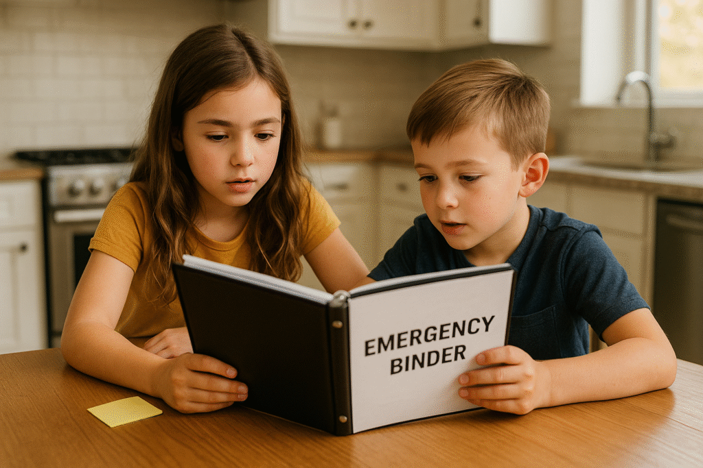 Photo of two children sitting at a kitchen table, seriously looking through an emergency binder together, symbolizing family involvement in preparedness.