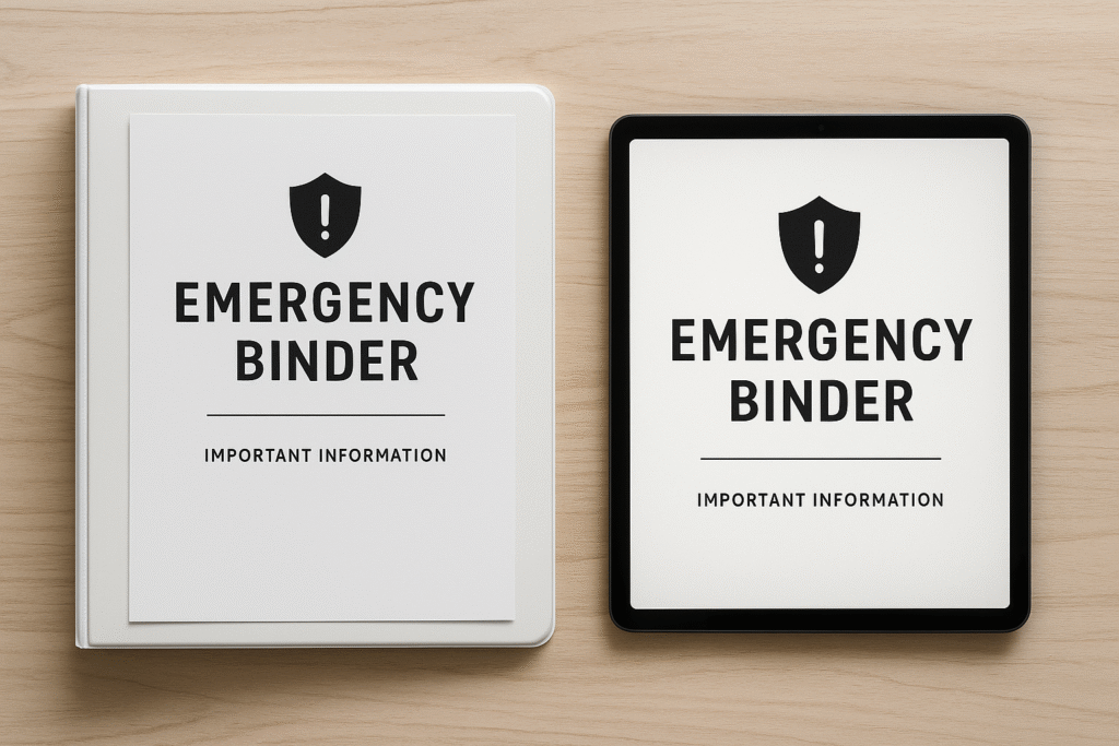 Photo of a printed emergency binder next to a tablet displaying the same digital binder cover, symbolizing backup preparedness in both physical and digital formats.