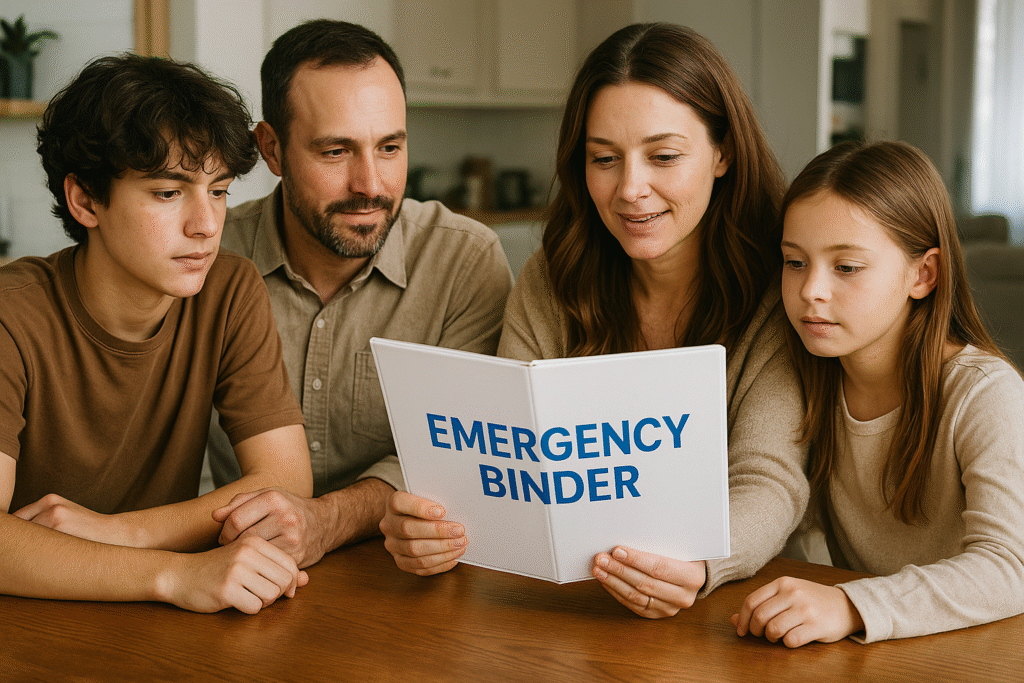 Photo of a family of four sitting together at the dining table, reviewing their emergency binder with calm, focused expressions, symbolizing teamwork in preparedness.