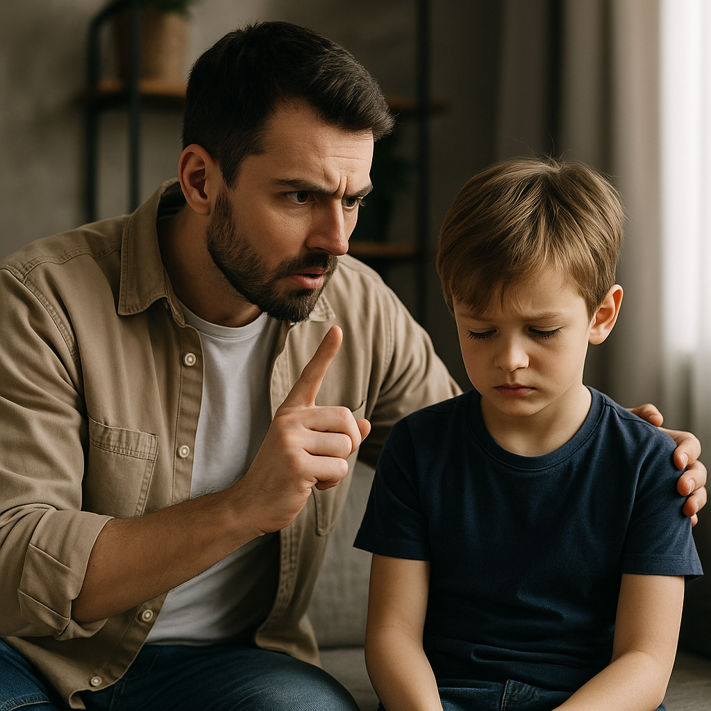 Father guiding young son with calm but firm expression, finger raised to emphasize a point, child listening with regretful face—illustrating balanced, authoritative discipline in parenting.