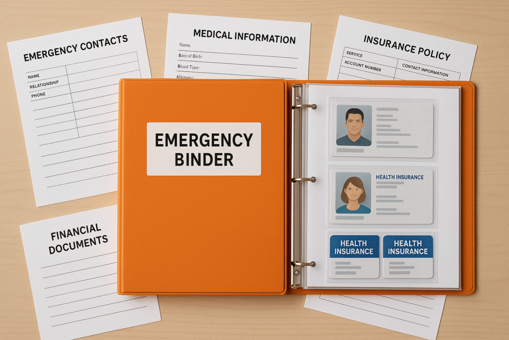Photo of an orange emergency binder surrounded by labeled sheets for emergency contacts, medical information, insurance, and financial documents, with ID and health insurance cards stored inside protective sleeves.
