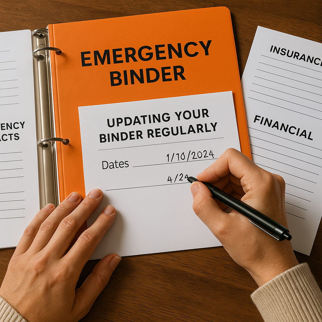 Close-up photo of a person’s hands writing update dates inside an emergency binder, emphasizing the importance of keeping information current.