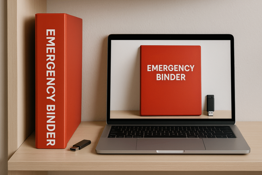 Photo of a red emergency binder stored on a shelf next to a laptop showing a digital copy, with a black USB thumb drive placed nearby, symbolizing multiple safe backup methods.