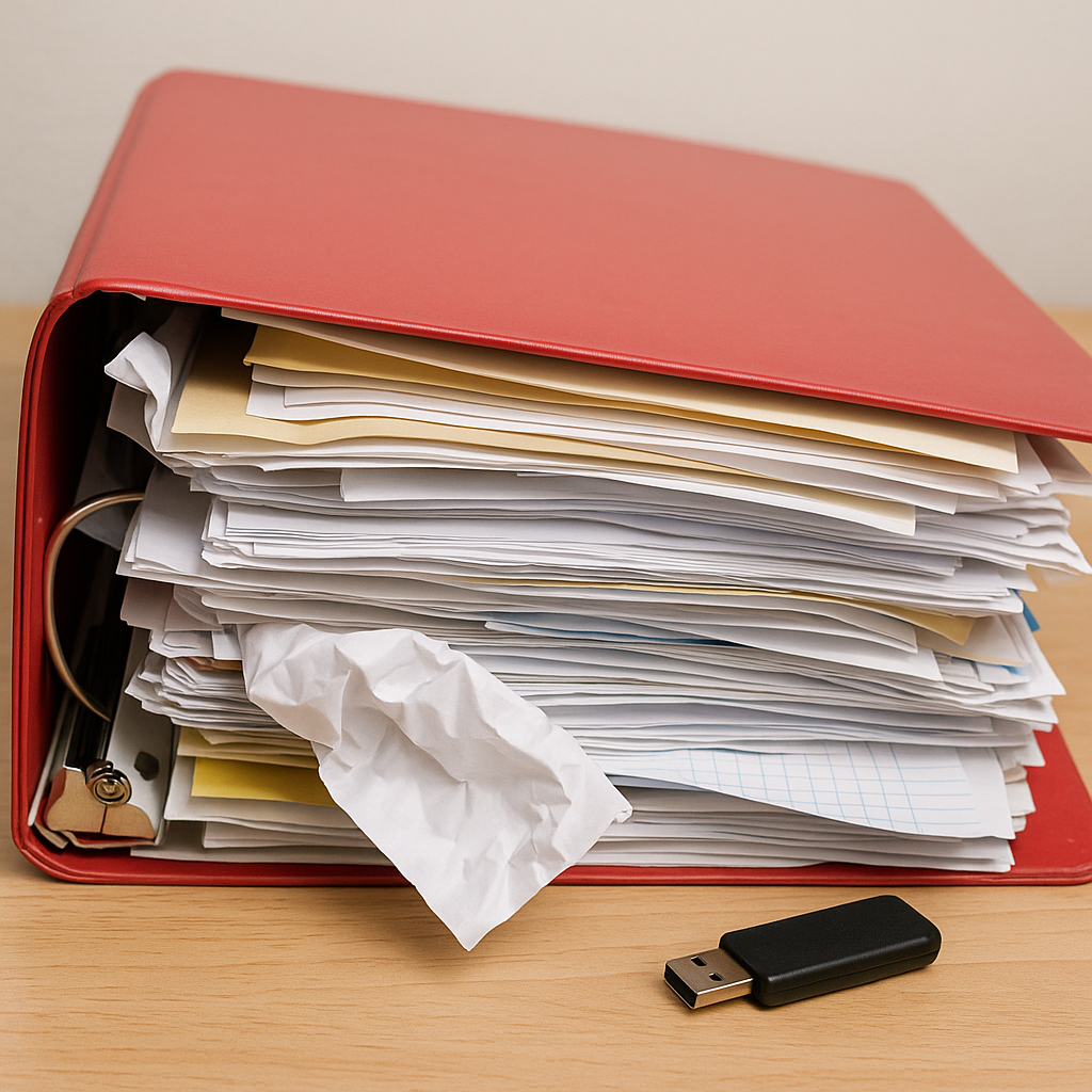 Photo of an overstuffed red emergency binder with crumpled papers and folders spilling out, symbolizing the mistake of poor organization.