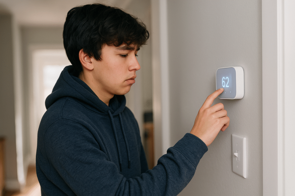 Teen boy in a navy hoodie adjusting a white smart thermostat that reads “62°F” on a light gray wall in a softly lit hallway. Natural morning light emphasizes the chill and his concentration.