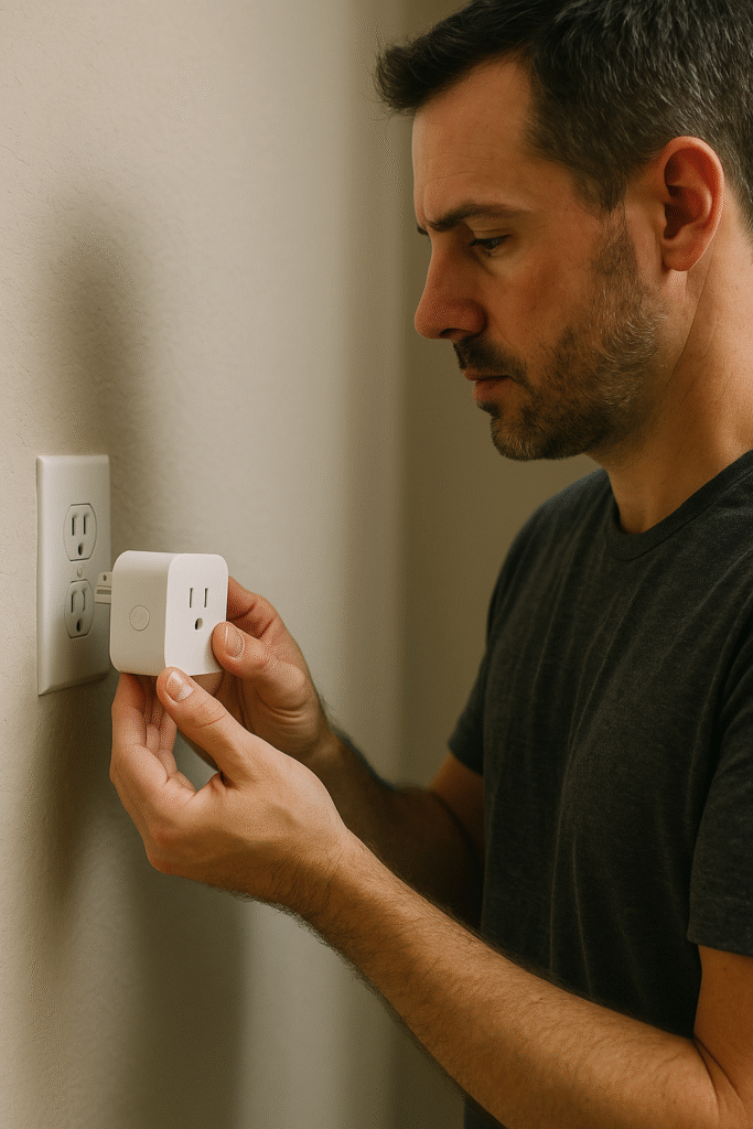 Close-up of a man in a dark T-shirt installing a white smart plug into a wall outlet, his face showing focus as soft light highlights the plug and wall texture.