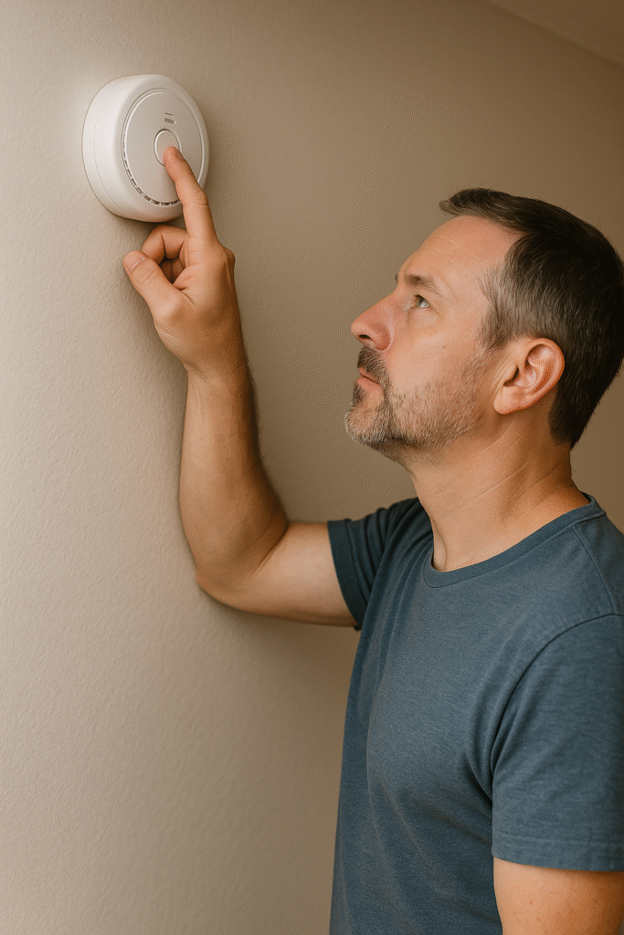 Middle-aged man in a blue-gray T-shirt testing a wall-mounted smoke detector by pressing the test button, looking upward with focus in a softly lit home interior.