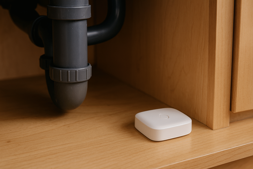 Close-up of a white water leak sensor with a droplet icon placed on a wooden cabinet floor beneath a kitchen sink, next to a single dark gray pipe.
