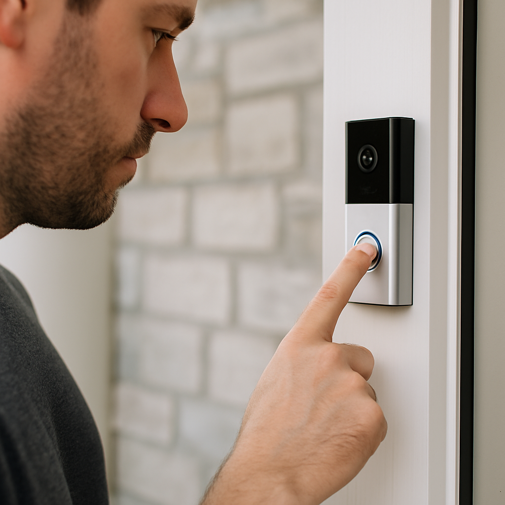 Man with short dark hair pressing the button of a sleek black-and-silver video doorbell mounted on a white doorframe, with blurred brick wall background.