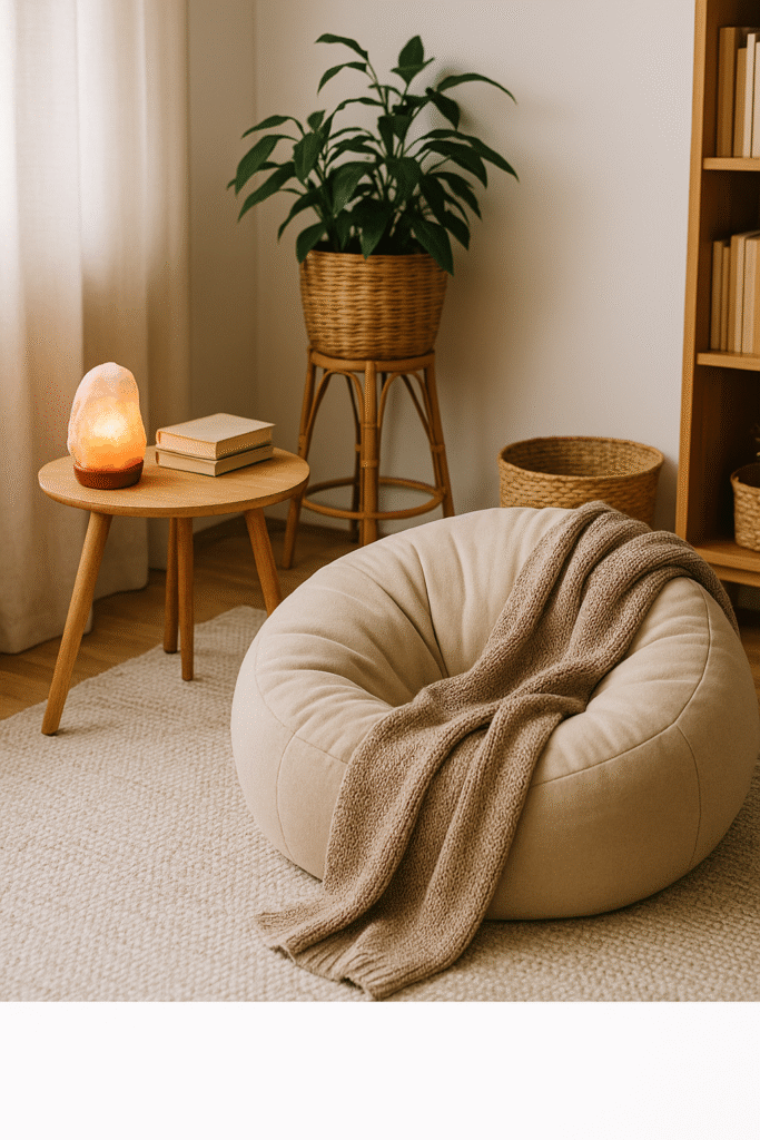 Cozy calm corner in a living room with a beige beanbag, taupe blanket, Himalayan salt lamp on side table, wicker plant stand, and natural light—illustrating a simple family wellness space.