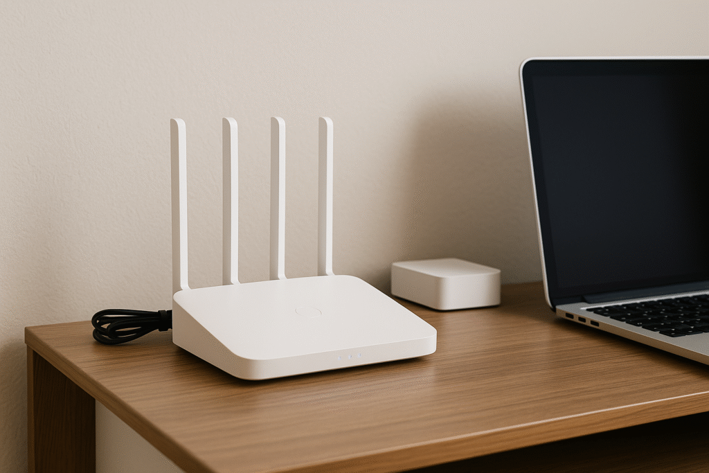 Modern home office setup with a white Wi-Fi router featuring four antennas, a closed silver laptop, and a small network hub on a wooden desk against an off-white wall.