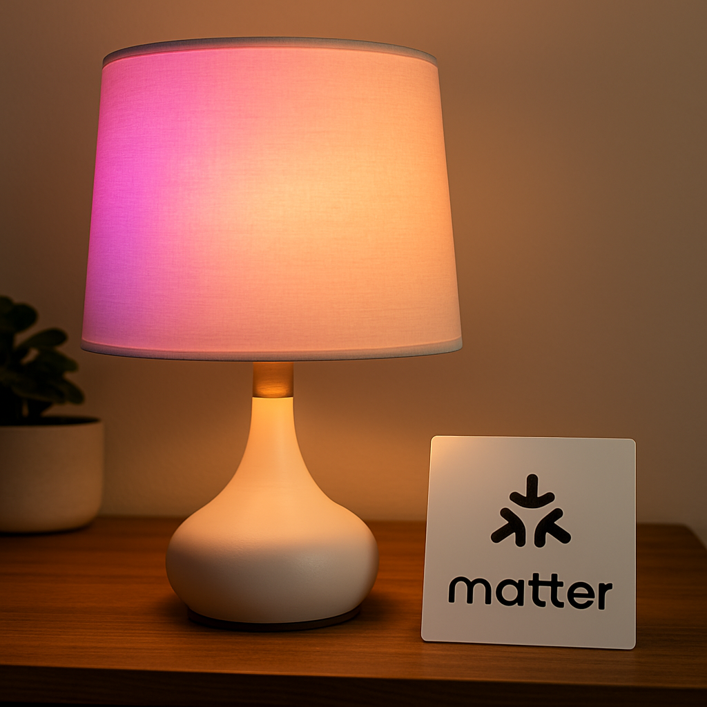 Table lamp with a soft white shade glowing in purple and orange tones from a smart bulb, next to a white card displaying the Matter logo on a wooden surface with a plant in the background.