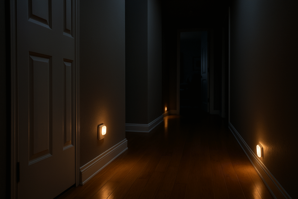 Darkened home hallway with motion-activated nightlights glowing softly near the floor along both walls, illuminating warm wooden floors and an open doorway in the distance.