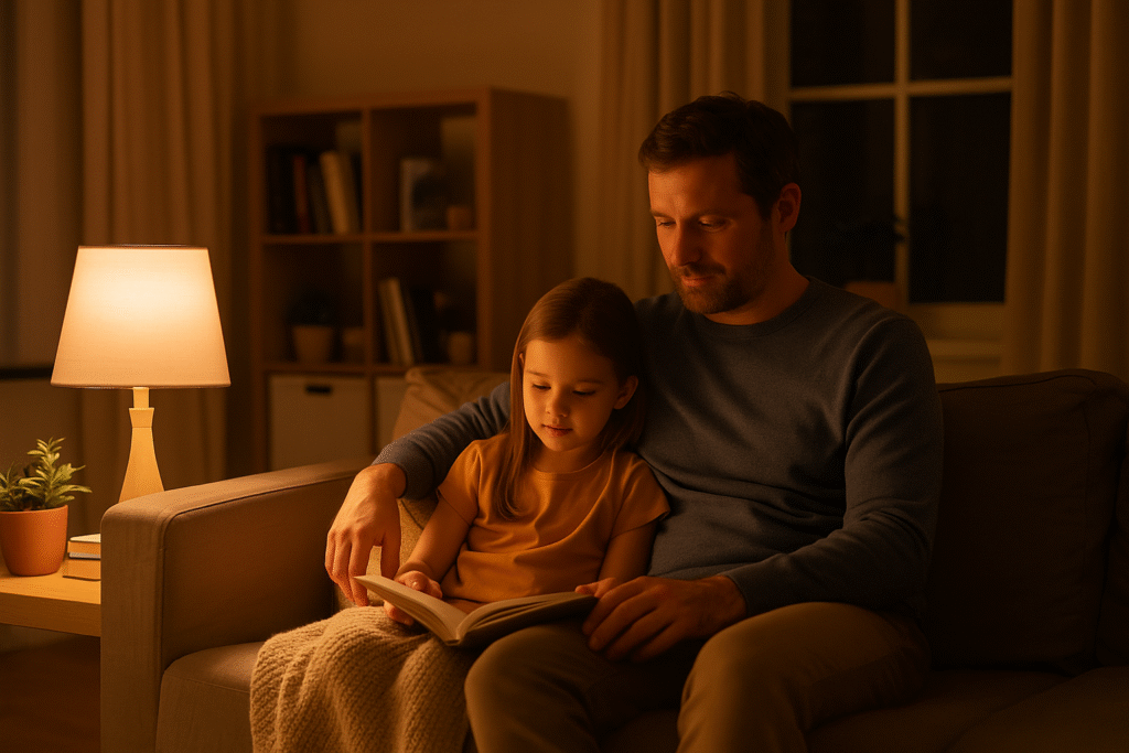 Father and young daughter sitting on a beige couch reading together in a softly lit living room, illuminated by a warm smart lamp on the side table, creating a peaceful bedtime atmosphere.
