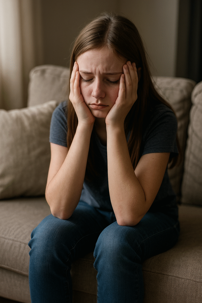 A young girl sits on a couch with her face in her hands, eyes closed in exhaustion, capturing the emotional crash that can follow a school day.