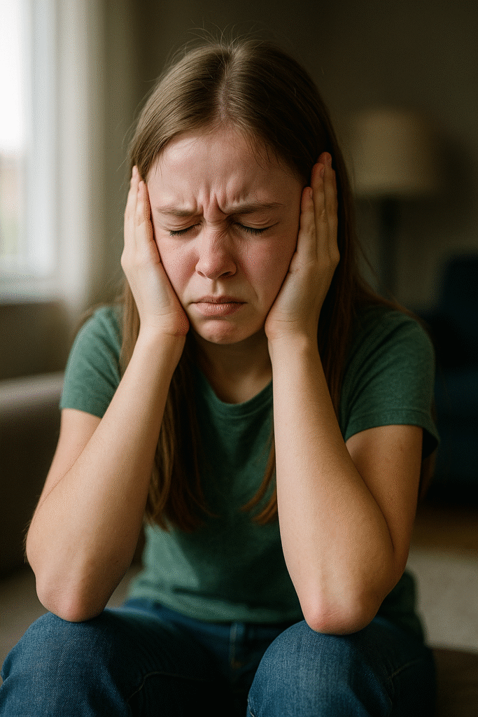 A young girl presses her hands over her ears and closes her eyes in distress, representing auditory sensitivity and sensory overload common in autistic girls.