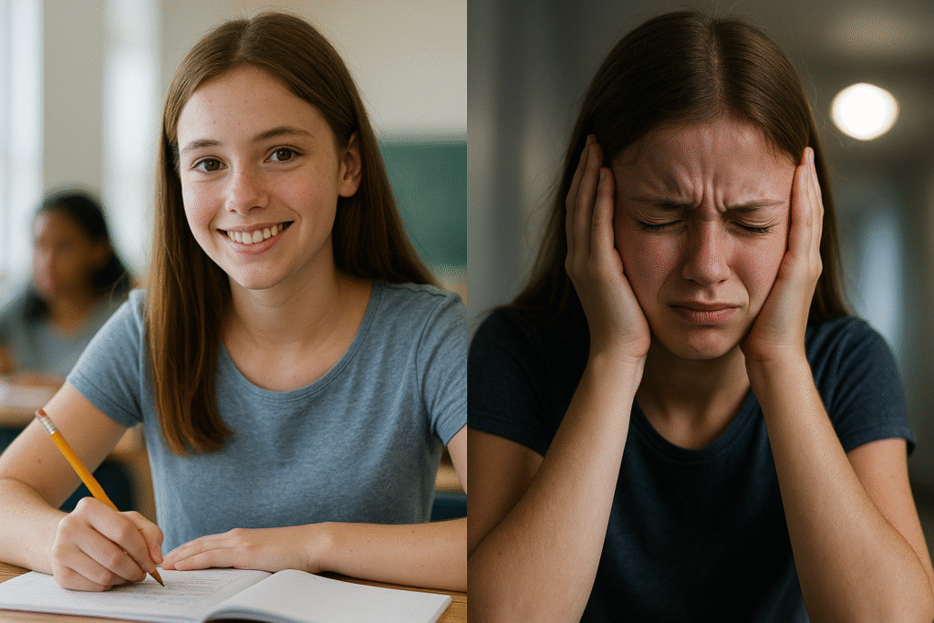 A diptych of the same girl: in the first frame, she smiles in a classroom; in the second, she clutches her head in distress, visually contrasting how she presents at school versus how she feels internally.