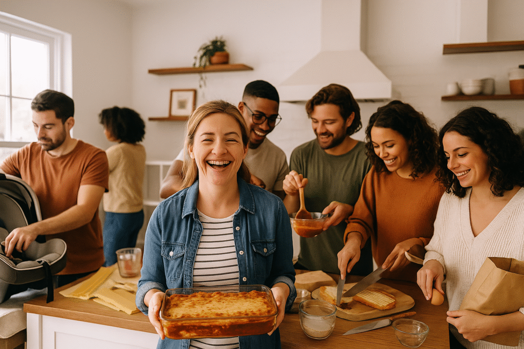 Group of friends in a bright kitchen laughing and preparing food together, one woman holding a baked lasagna, others cooking and assembling—illustrating the supportive, hands-on spirit of nesting parties.