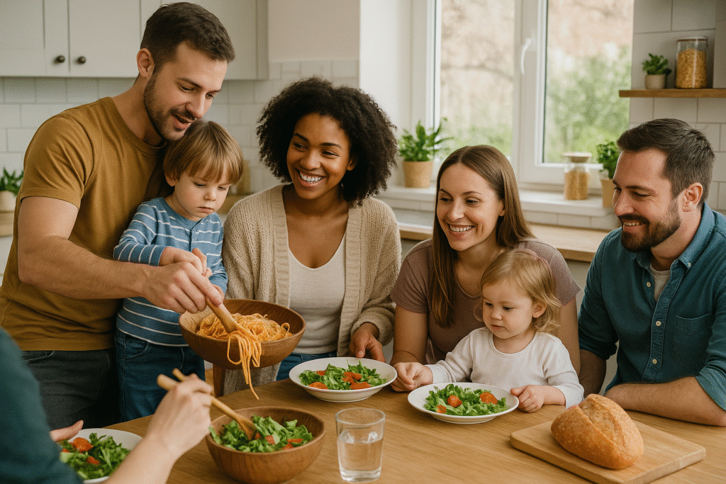 Family gathered around a bright kitchen table, father serving spaghetti while others share salad and bread, young children included—illustrating connection and intentional family rhythms.