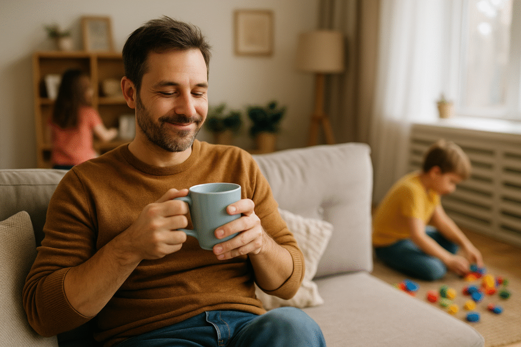 Father sipping coffee with a relaxed smile on a sofa, while children play in the background—capturing warmth, imperfection, and connection in modern family life.