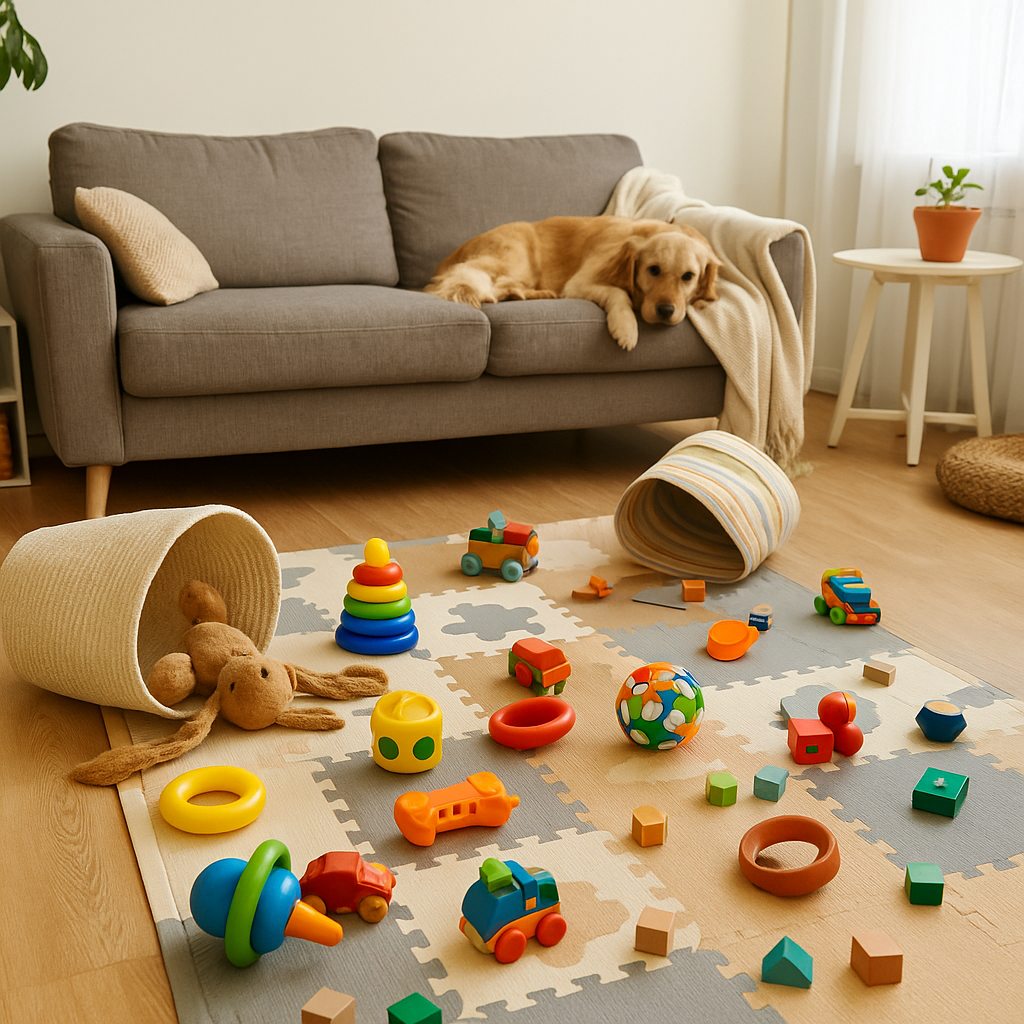 Messy family living room with dog resting on couch, children’s toys scattered across playmat, and bright natural light—illustrating the chaos that led to creating a family wellness room.