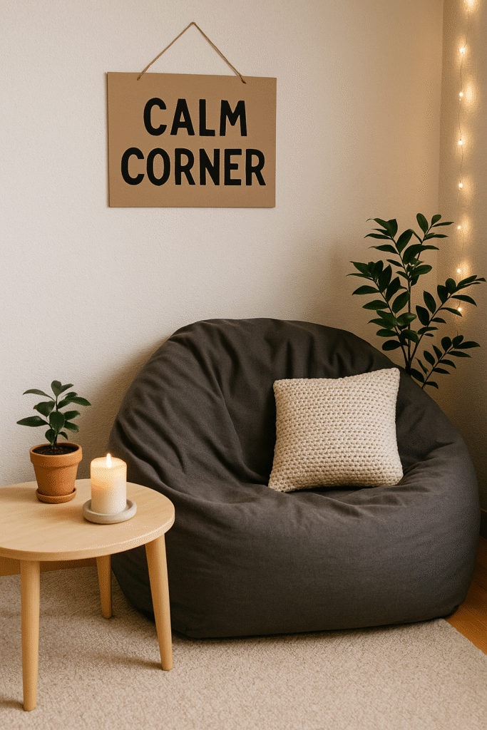 Cozy calm corner setup with beanbag chair, side table holding a candle and small plant, fairy lights, and a “Calm Corner” sign on the wall—illustrating a simple, functional wellness space at home.